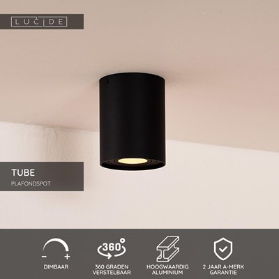 Lucide TUBE - Plafondspot - Ø 9,6 cm - 1xGU10 - Zwart